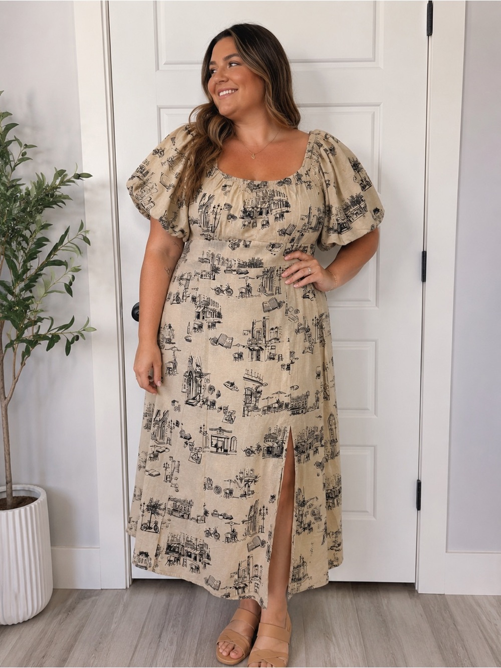 Cream Scenic Print Maxi Dress with Puff Sleeves